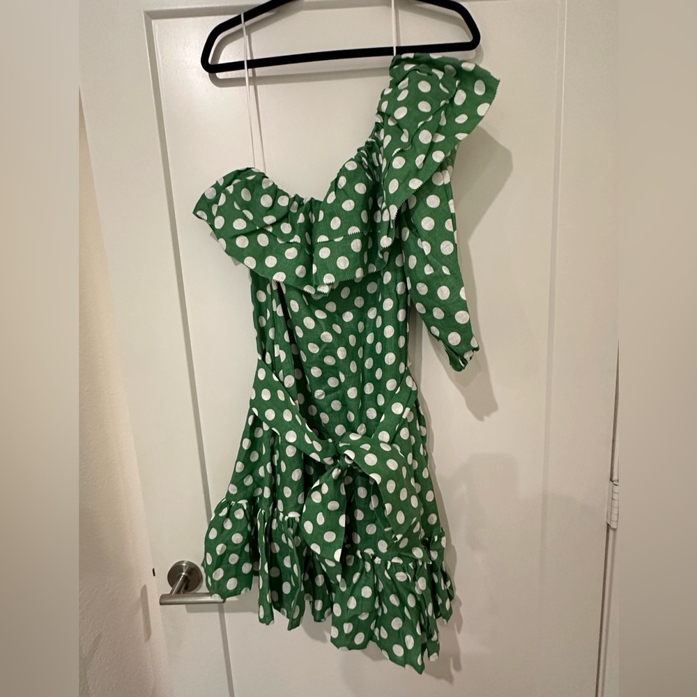 NWT Lisa Marie Fernandez Arden One Shoulder Linen Green & White Polka Dot Dress - Picture 3 of 10